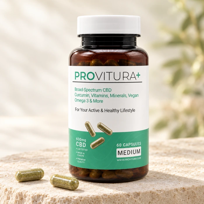 Provitura+ Medium-flaske med to kapsler på en sokkel af kalksten.