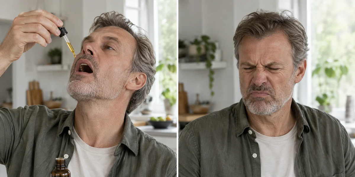 En mand tager olie fra en pipette og reagerer på smagen.