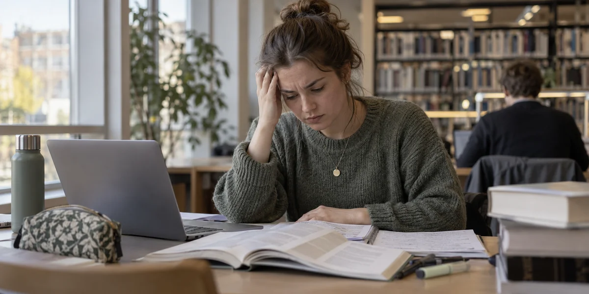 En frustreret studerende læser til eksamen på biblioteket.